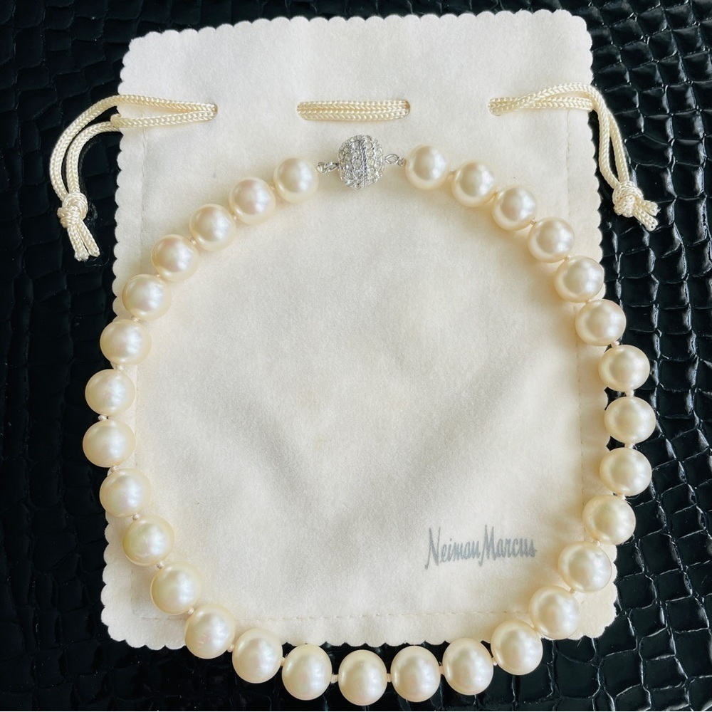 Vntg Art Deco Faux Pearl HighEnd Designer Necklace Crystal Rhinestone Ba…